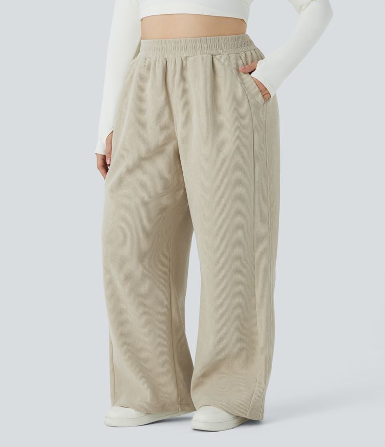 High Waisted Side Pocket Straight Leg Mop Corduroy Casual Plus Size Pants
