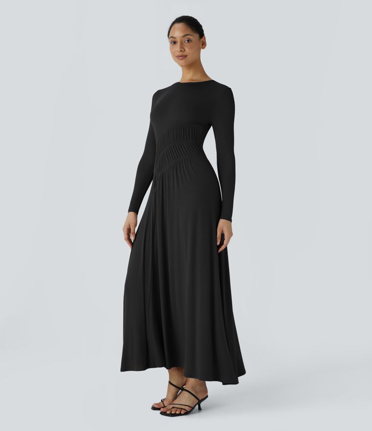 Ribbed Round Neck Long Sleeve Flare Flowy  Maxi Casual Dress