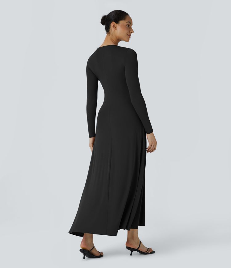 Ribbed Round Neck Long Sleeve Flare Flowy  Maxi Casual Dress