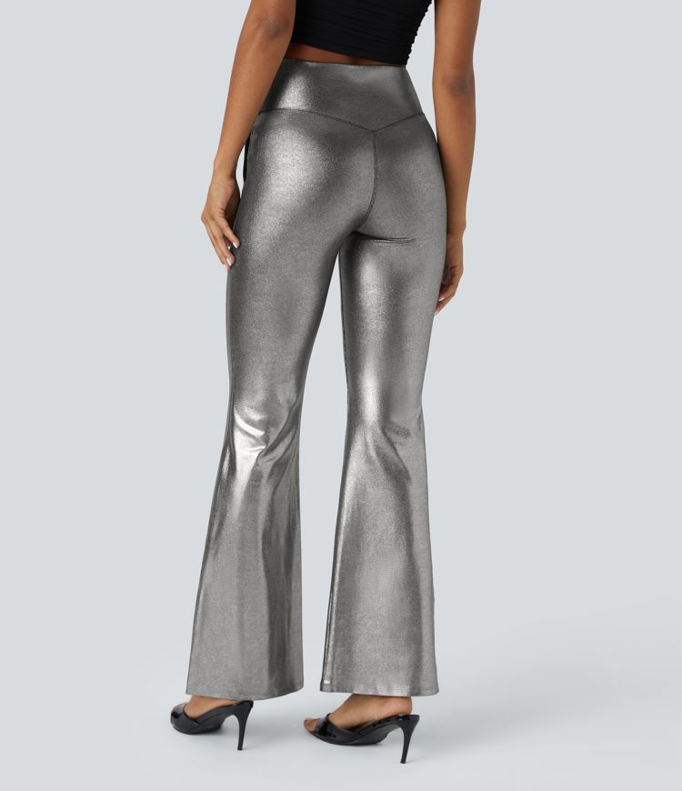 Softlyzero™ Faux Leather Crossover High Waisted Side Pocket Split Hem Full Length Metallic Foil Print Stretchy Party Flare Leggings