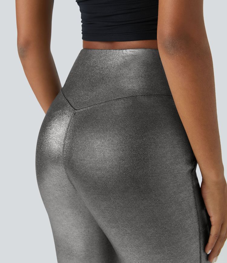 Softlyzero™ Faux Leather Crossover High Waisted Side Pocket Split Hem Full Length Metallic Foil Print Stretchy Party Flare Leggings