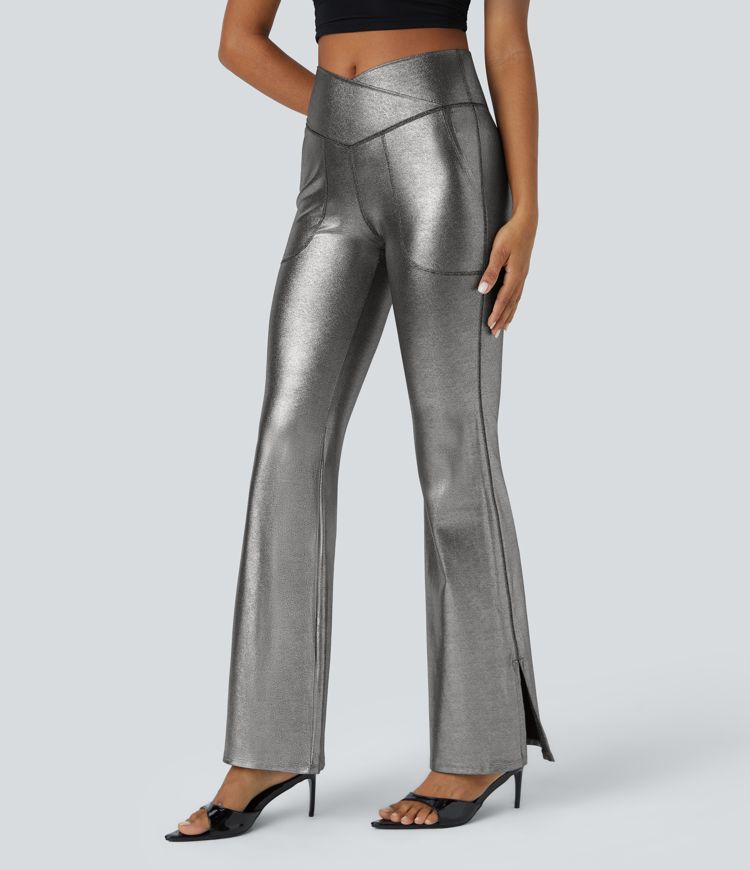 Softlyzero™ Faux Leather Crossover High Waisted Side Pocket Split Hem Full Length Metallic Foil Print Stretchy Party Flare Leggings