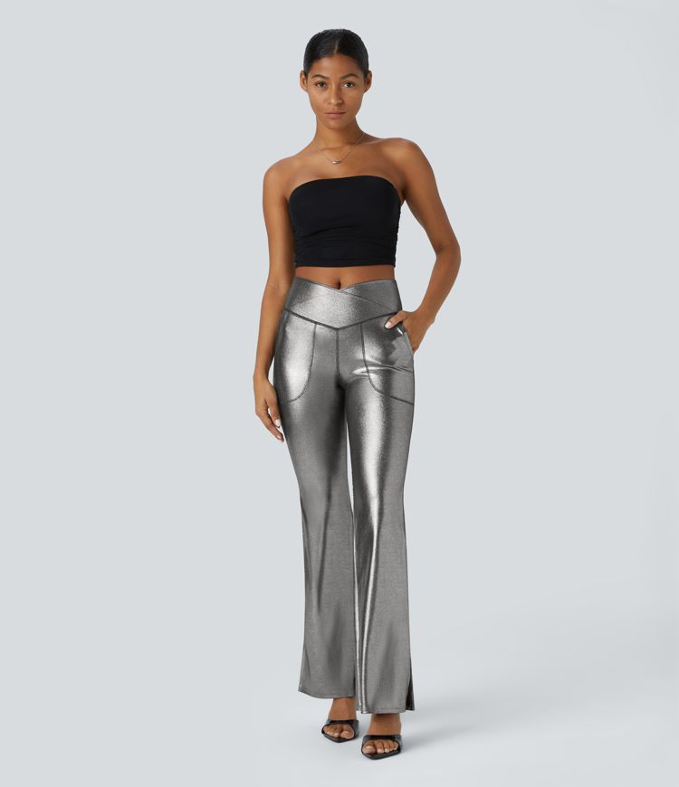 Softlyzero™ Faux Leather Crossover High Waisted Side Pocket Split Hem Full Length Metallic Foil Print Stretchy Party Flare Leggings