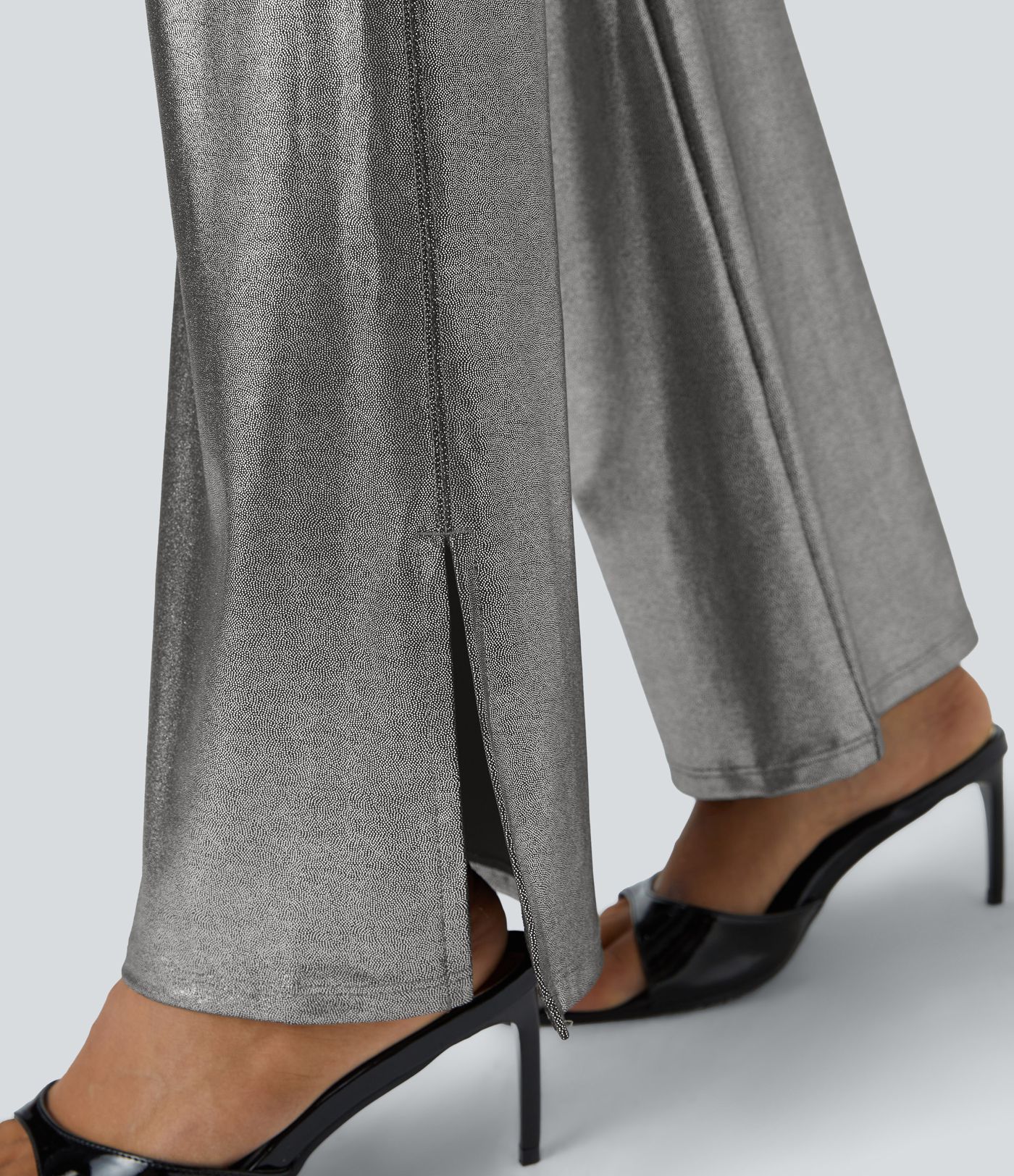 Softlyzero™ Faux Leather Crossover High Waisted Side Pocket Split Hem Full Length Metallic Foil Print Stretchy Party Flare Leggings