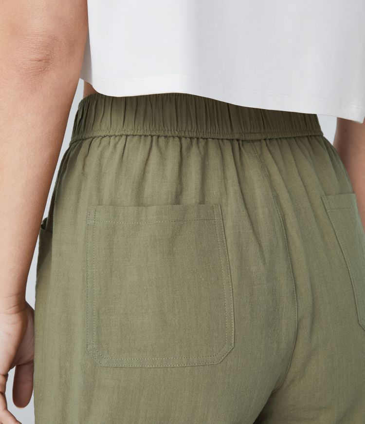 Pantalones cortos tacto lino dobladillo enrollado múltiple bolsillo tiro alto
