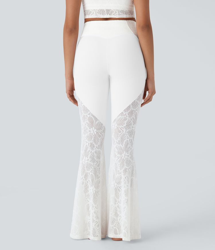 Softlyzero™ High Waisted Crossover Back Pocket Contrast Lace Flare Yoga Leggings