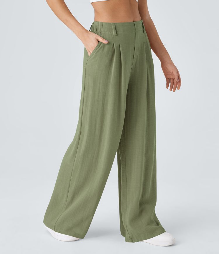 High Waisted Side Pocket Wide Leg Flowy Solid Palazzo Casual Linen-Feel Pants