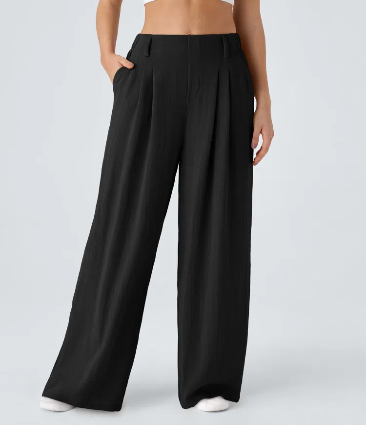 High Waisted Side Pocket Wide Leg Flowy Solid Palazzo Casual Linen-Feel Pants