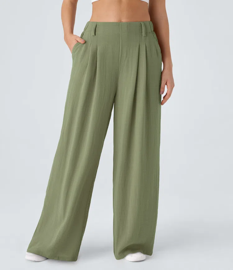 High Waisted Side Pocket Wide Leg Flowy Solid Palazzo Casual Linen-Feel Pants