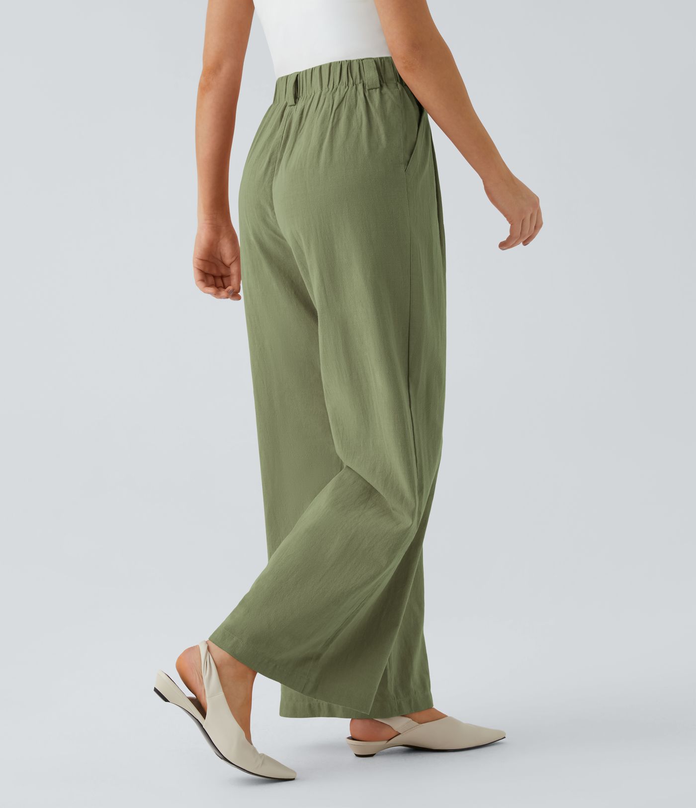High Waisted Pocket Wide Leg Flowy Solid Palazzo Women Casual Linen-Feel Pants