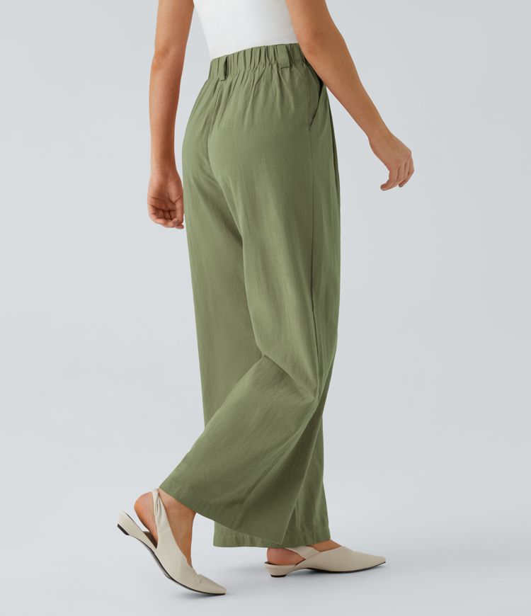 High Waisted Side Pocket Wide Leg Flowy Solid Palazzo Casual Linen-Feel Pants
