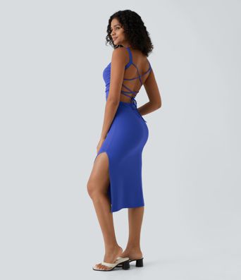 Ruched Lace Up Bodycon Midi Casual Dress