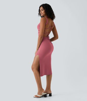 Ruched Lace Up Bodycon Midi Casual Dress