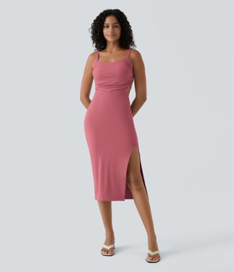 Ruched Lace Up Bodycon Midi Casual Dress