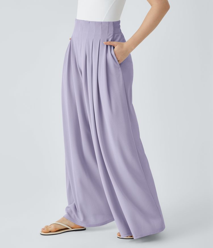 Fließende Palazzo-Hose mit hohem Bund, Seitentaschen, Waffelstruktur und weitem Bein