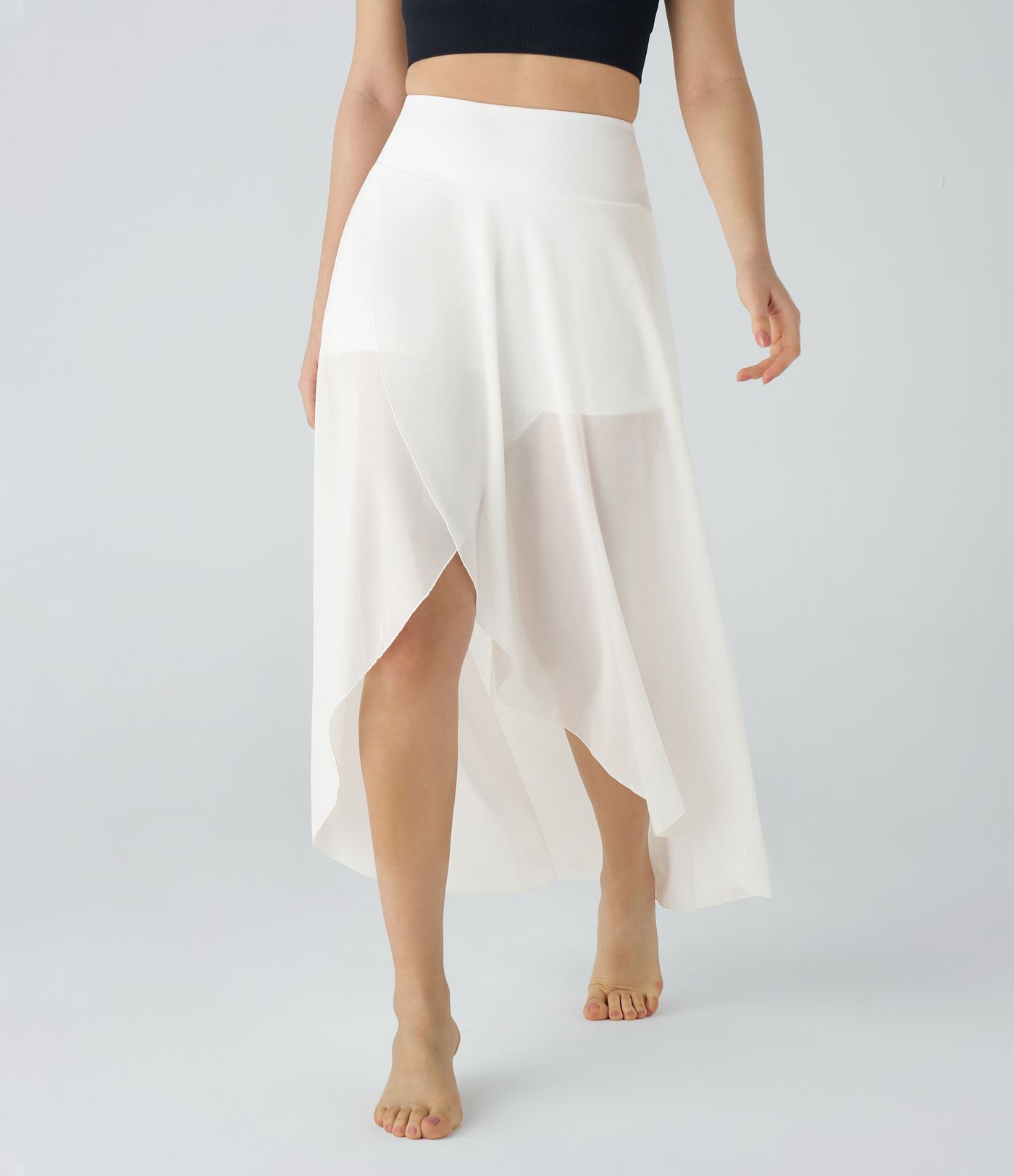 High Waisted High Low Ruffle 2-in-1 Pocket Flare Mesh Casual Regular Maxi Skirt