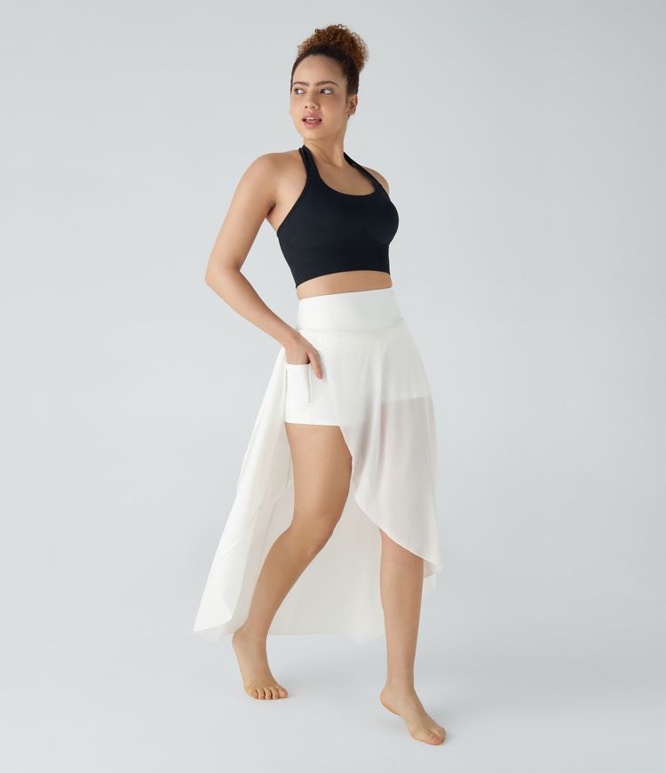 High Waisted High Low Ruffle 2-in-1 Pocket Flare Mesh Casual Regular Maxi Skirt