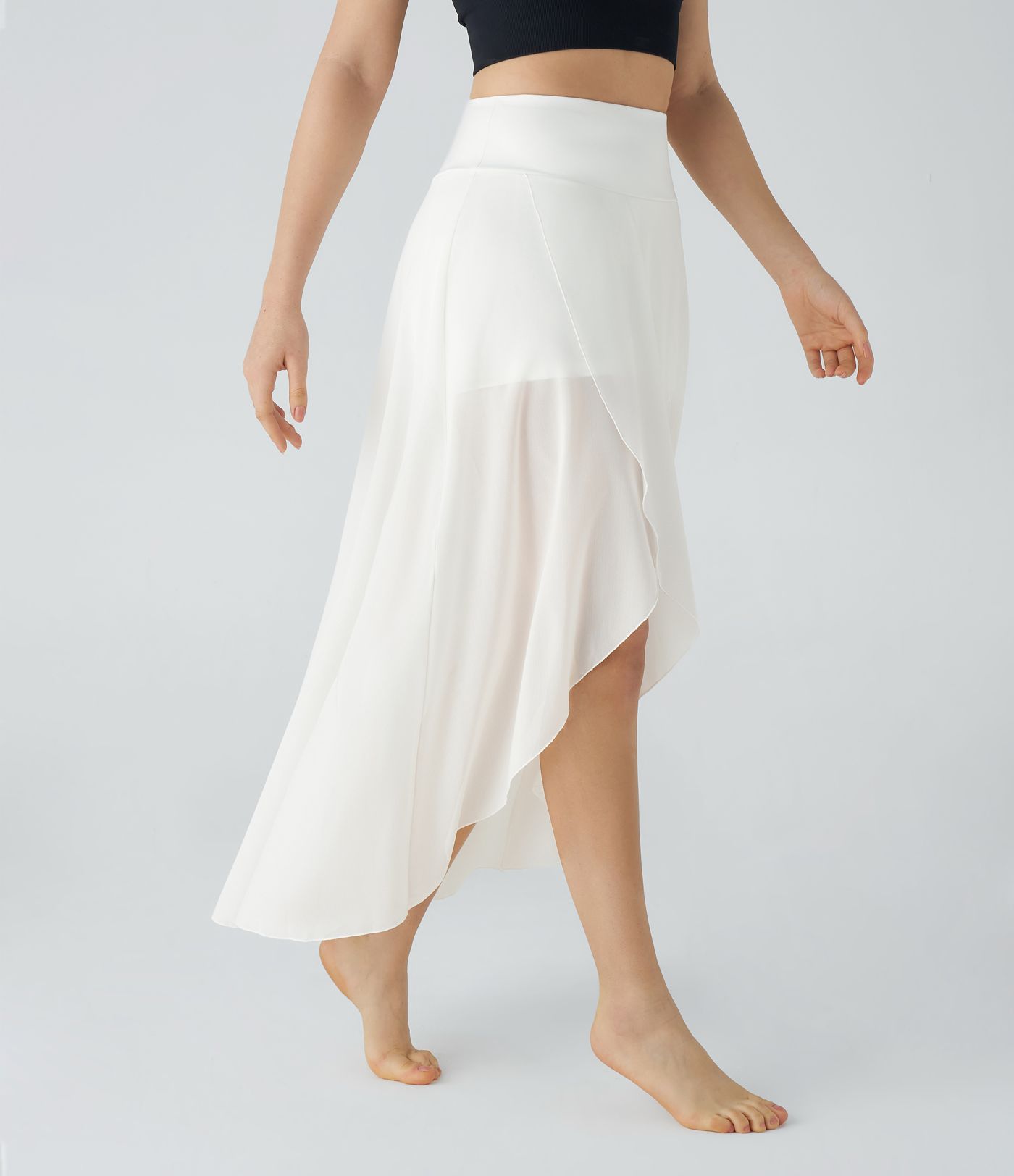 High Waisted High Low Ruffle 2-in-1 Pocket Flare Mesh Casual Regular Maxi Skirt