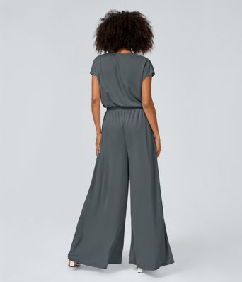 V Neck Short Sleeve Side Pocket Wide Leg Flowy Waffle Casual Jumpsuit
