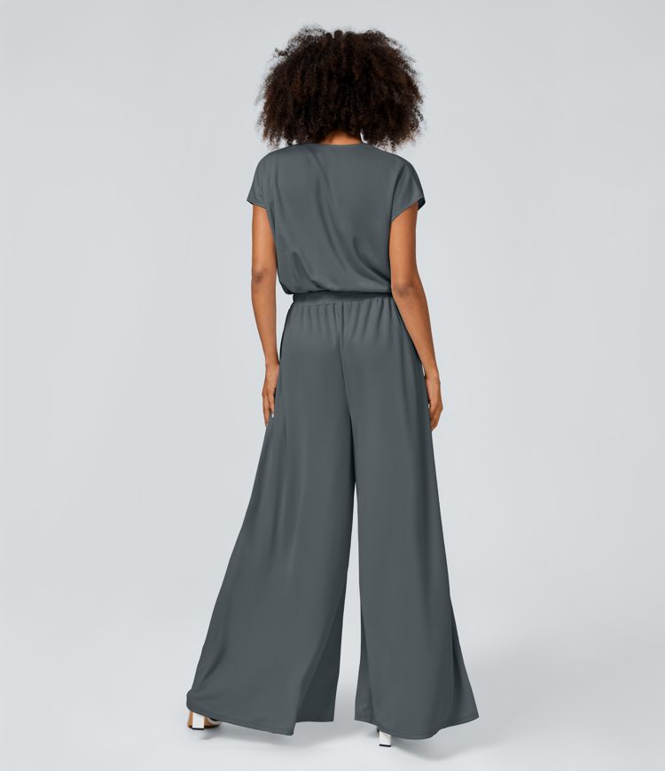 V Neck Short Sleeve Side Pocket Wide Leg Flowy Waffle Casual Jumpsuit