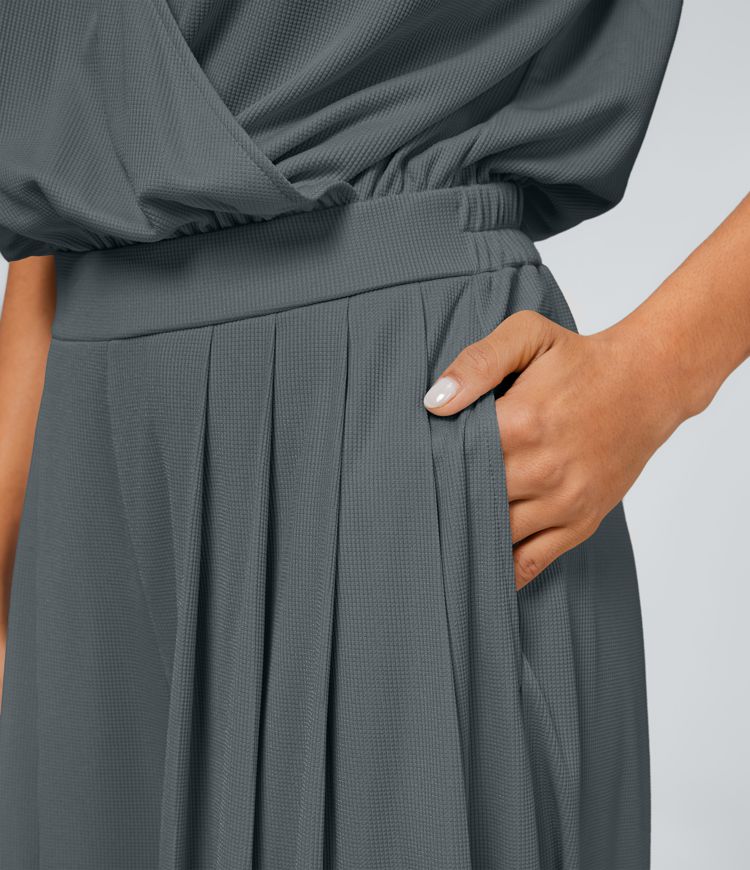 V Neck Short Sleeve Side Pocket Wide Leg Flowy Waffle Casual Jumpsuit