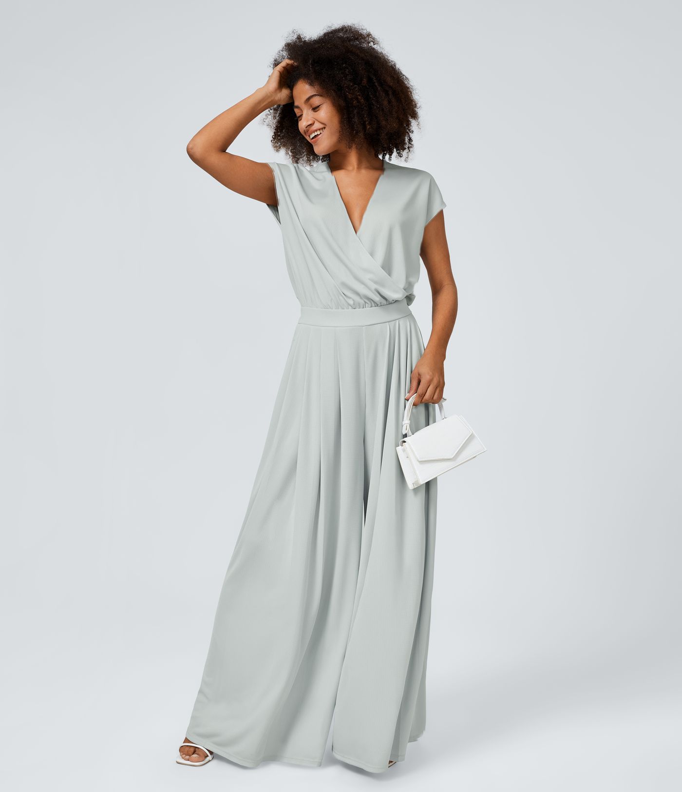 V-neck short sleeve side pocket wide leg loose waffle casual jumpsuit