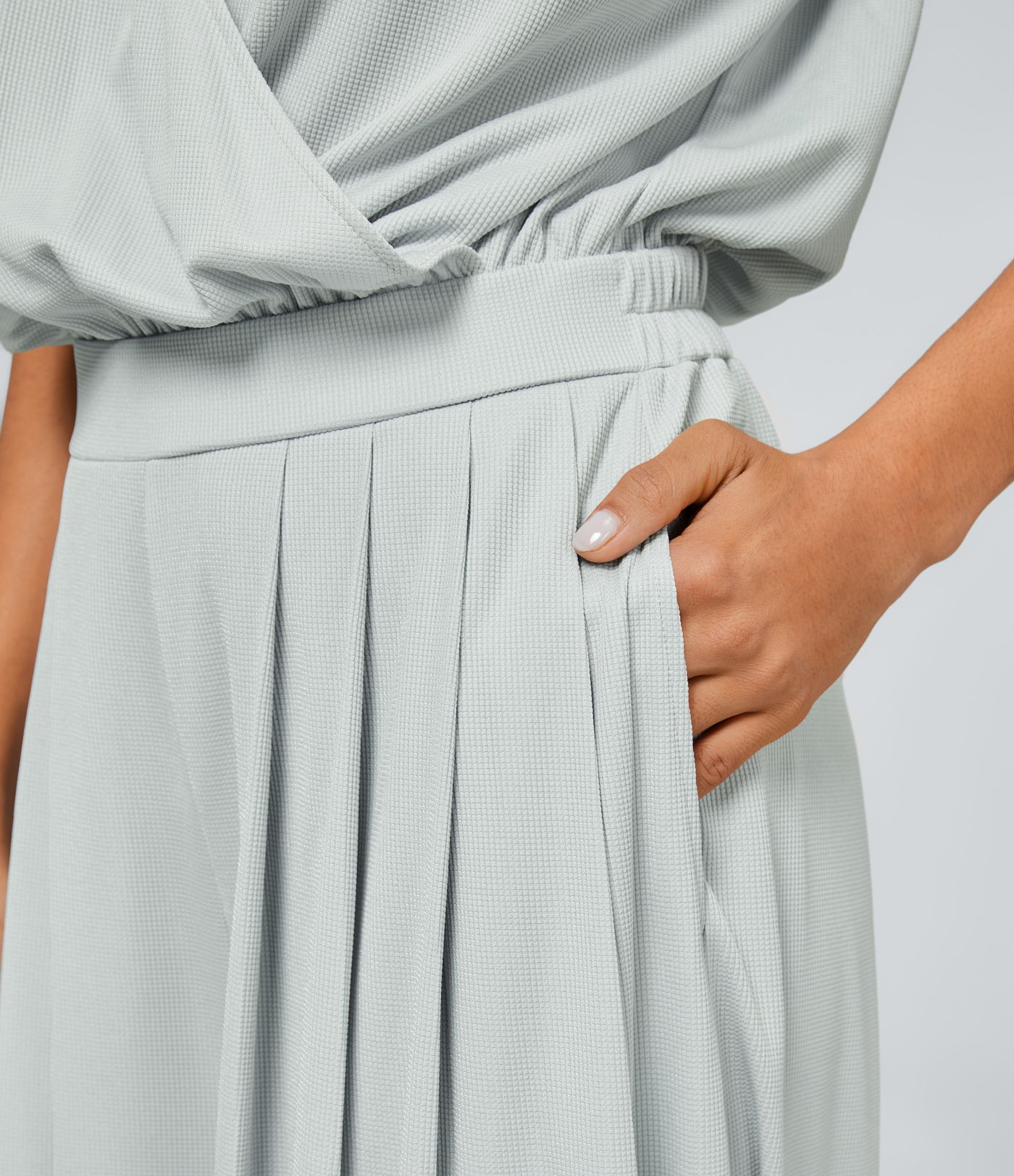 V-neck short sleeve side pocket wide leg loose waffle casual jumpsuit