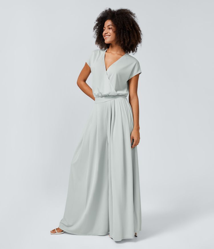 V Neck Short Sleeve Plicated Side Pocket Wide Leg Flowy Waffle Casual Jumpsuit
