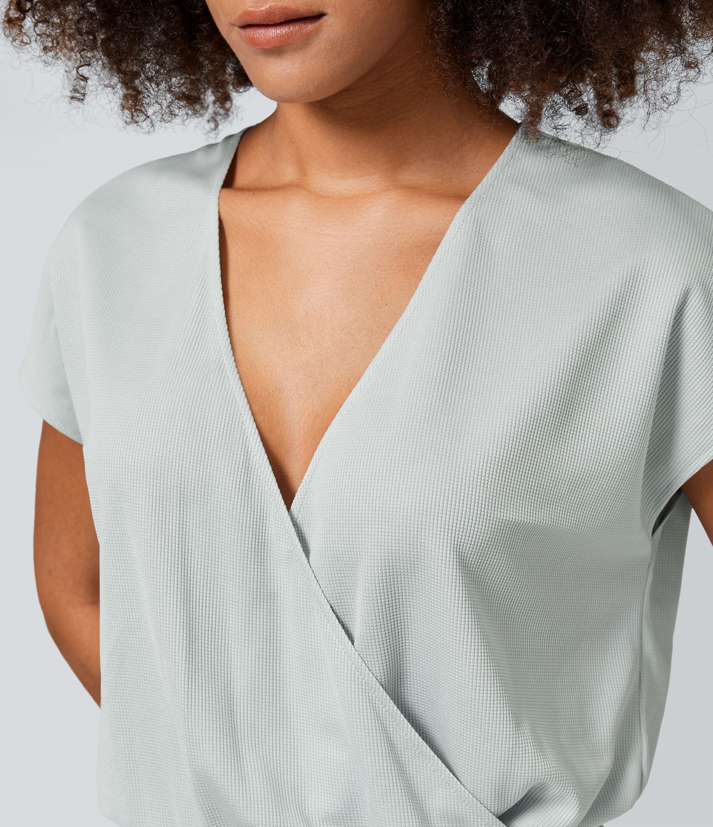 V-neck short sleeve side pocket wide leg loose waffle casual jumpsuit