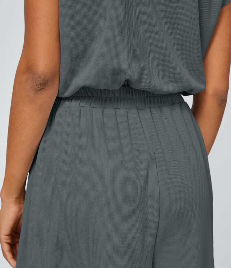 V Neck Short Sleeve Side Pocket Wide Leg Flowy Waffle Casual Jumpsuit