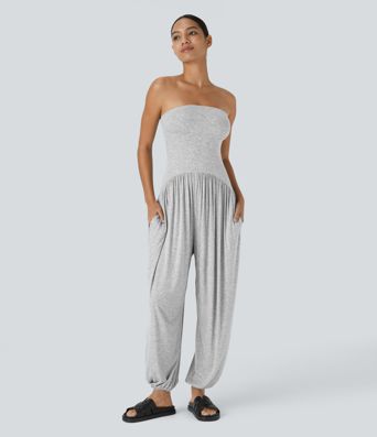 Ribbed Tube Backless Side Pocket Casual Jumpsuit
