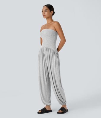 Ribbed Tube Backless Side Pocket Casual Jumpsuit