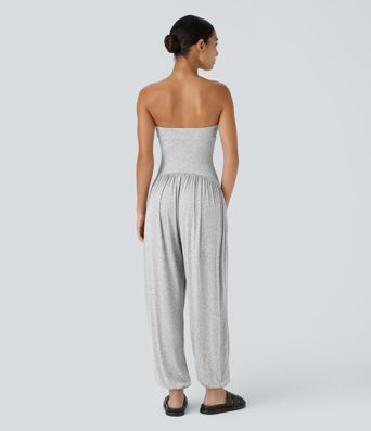 Ribbed Tube Backless Side Pocket Casual Jumpsuit