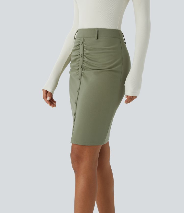 High Waisted Decorative Button Ruched Split Hem Work Pencil Skirt