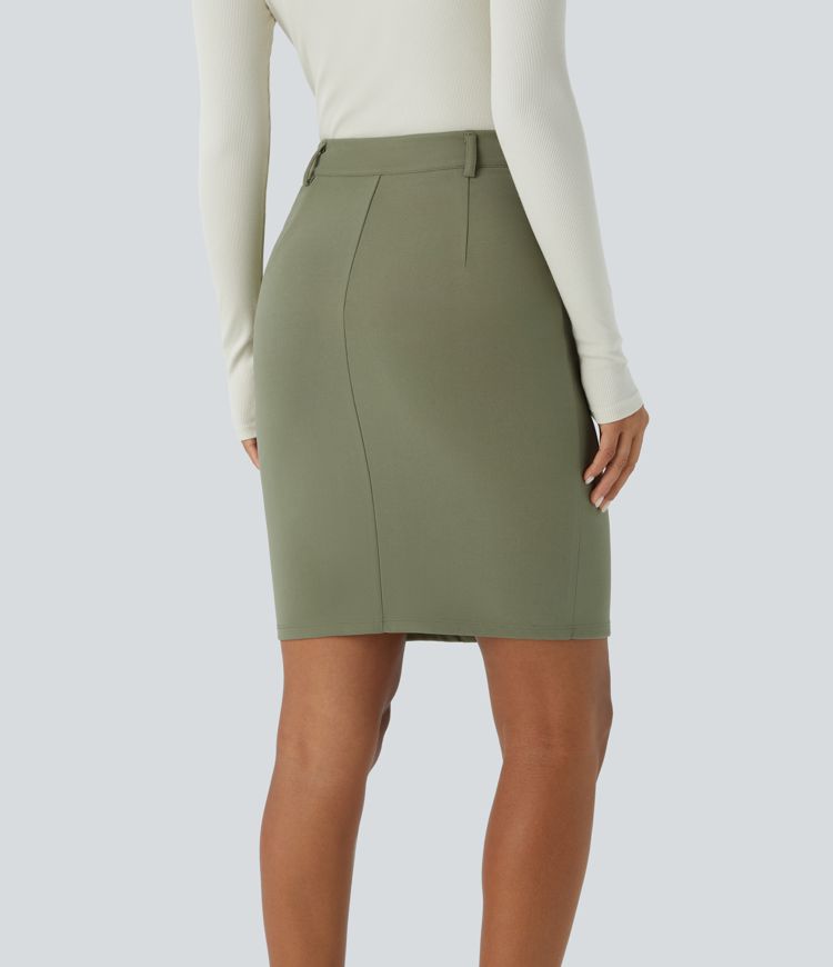 High Waisted Decorative Button Ruched Split Hem Work Pencil Skirt