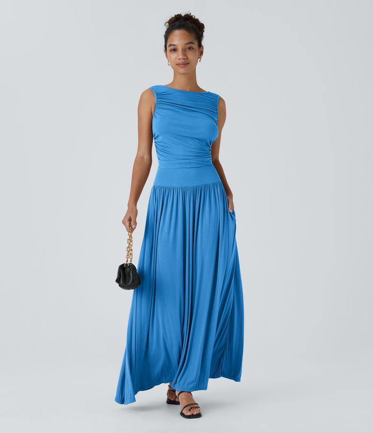 Ribbed Boat Neck Asymmetric Strap Ruched Pocket Flowy Maxi Casual Dress