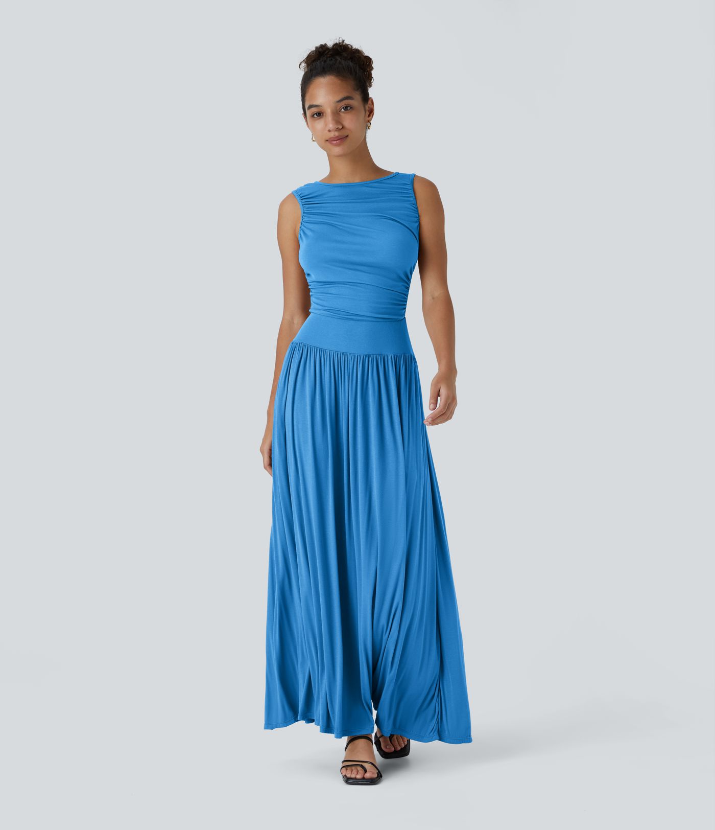 Ribbed Boat Neck Asymmetric Strap Ruched Pocket Flowy Maxi Casual Dress