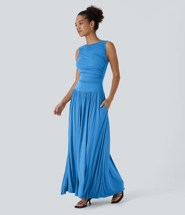 Ribbed Boat Neck Asymmetric Strap Ruched Pocket Flowy Maxi Casual Dress