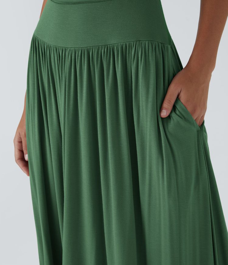 Vestido largo holgado cuello barco acanalado bolsillo lateral fruncido tirante asimétrico