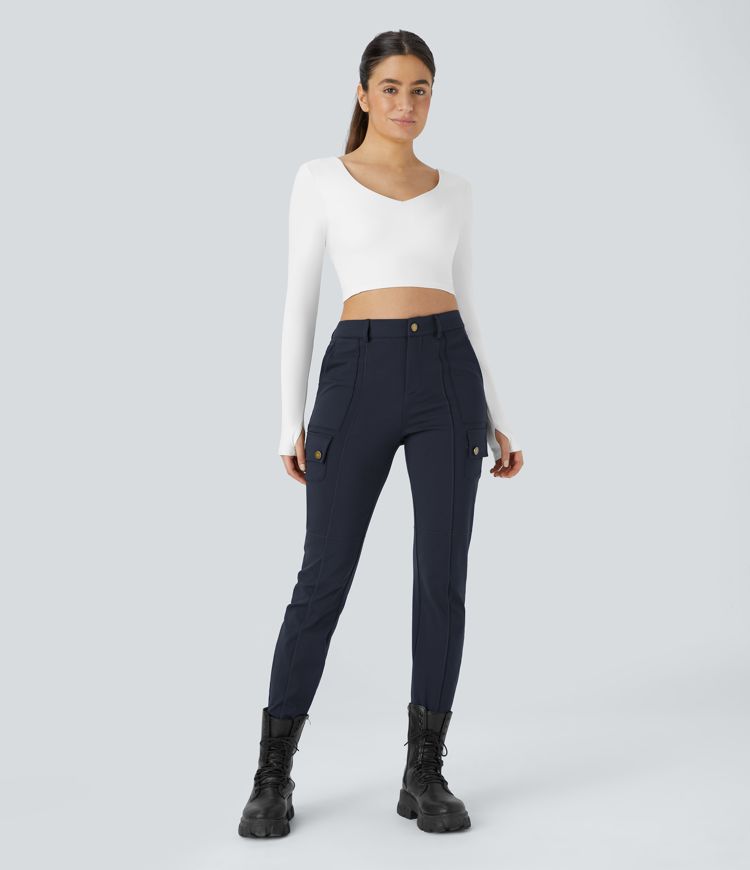 High Waisted Zipper Pockets Solid Skinny Cargo Pants