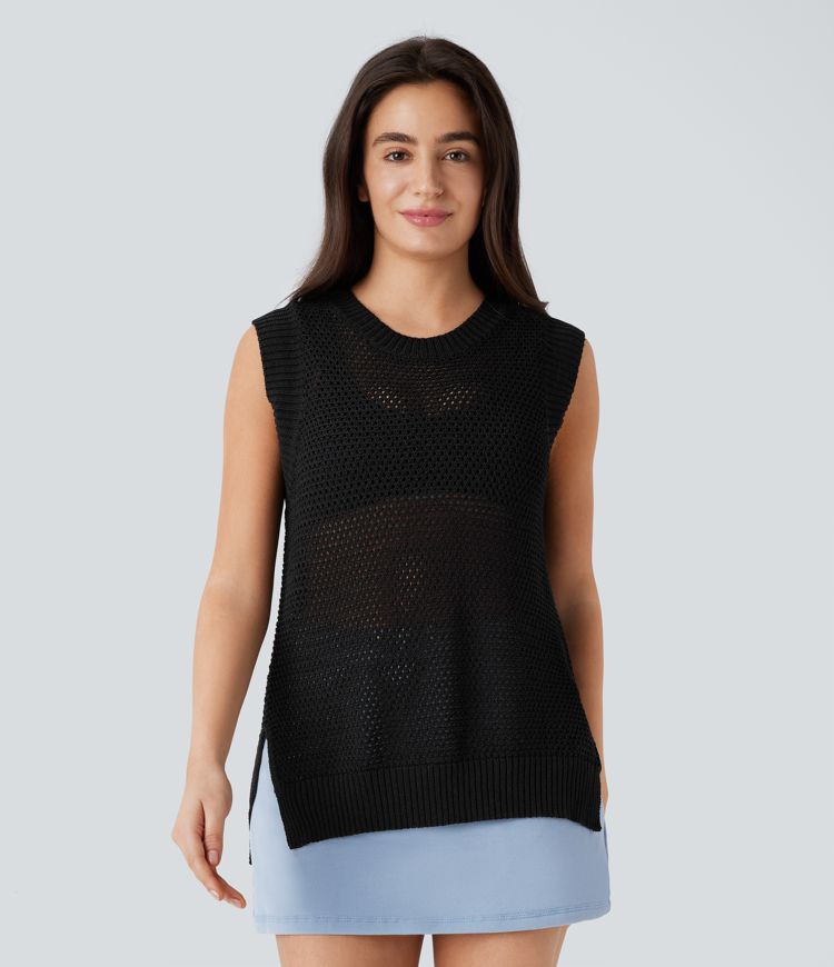 Round Neck Split Hollow Out Casual Knit Tank Top