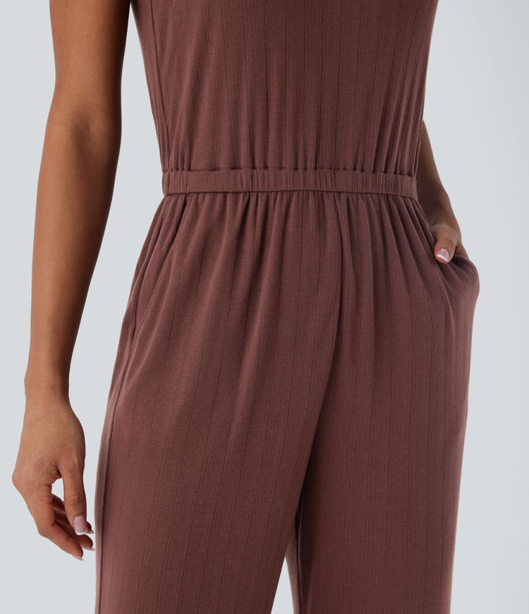 Ribbed Knit Knot V Neck Sleeveless Side Pocket Casual Jumpsuit