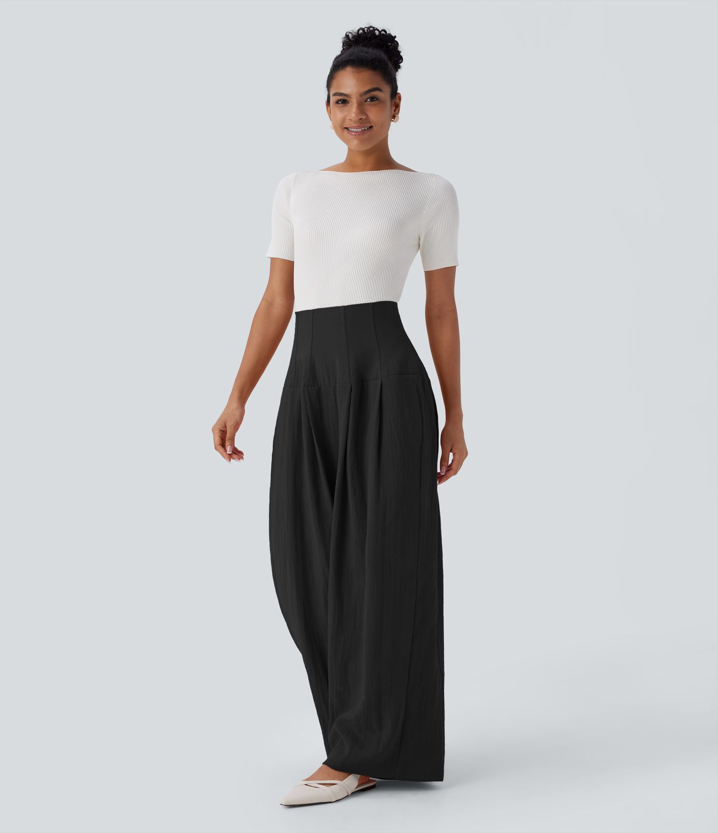 Halara Flex™ Super High Waisted Shirred Pockets Wide Leg Work Linen-Feel Trousers