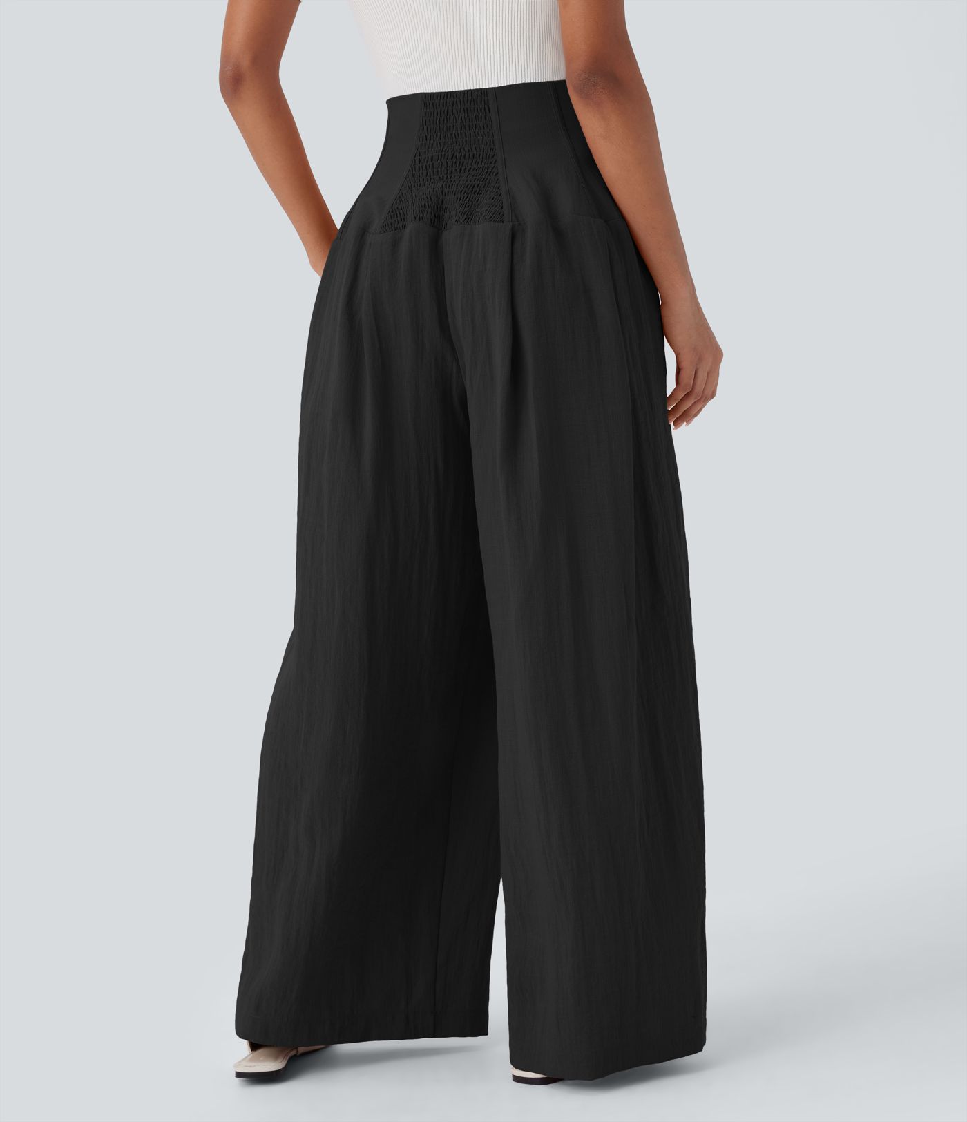 Halara Flex™ Super High Waisted Shirred Pockets Wide Leg Work Linen-Feel Trousers