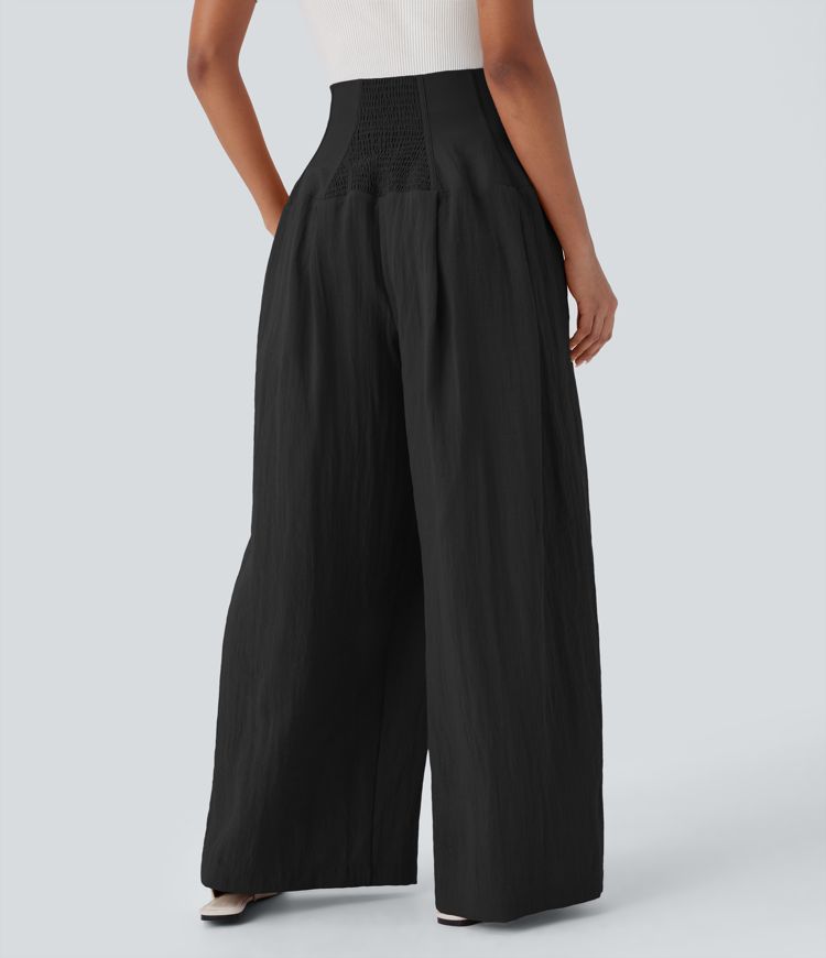 Halara Flex™ Super High Waisted Shirred Pockets Wide Leg Work Linen-Feel Trousers