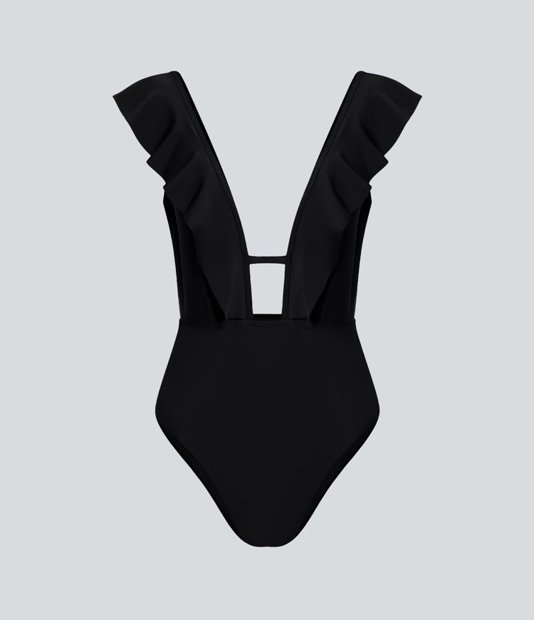 Deep V-neck frill backless one piece swimsuit