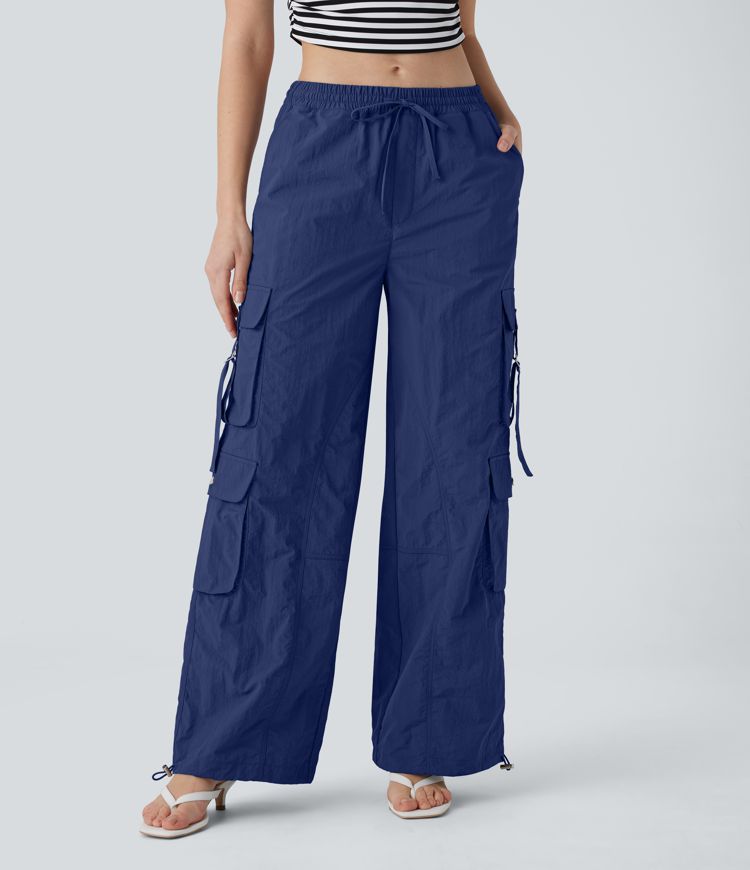 Pantalón cargo holgado cordón ajustable múltiple bolsillo tiro medio