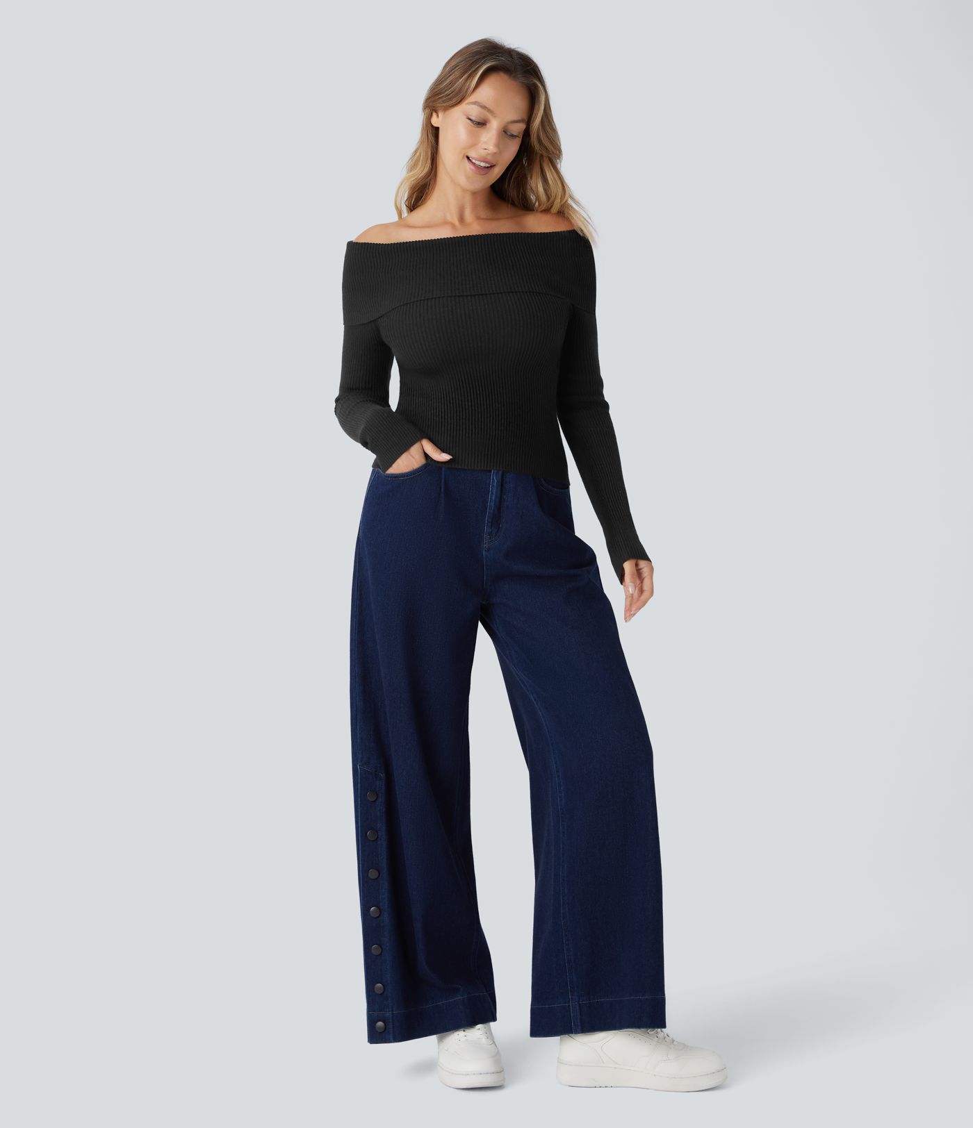 Folded Off Shoulder Long Sleeve Casual Sweater