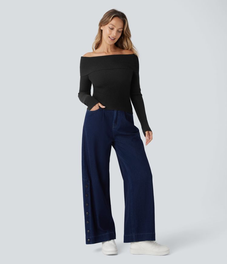 Folded Off Shoulder Long Sleeve Casual Sweater