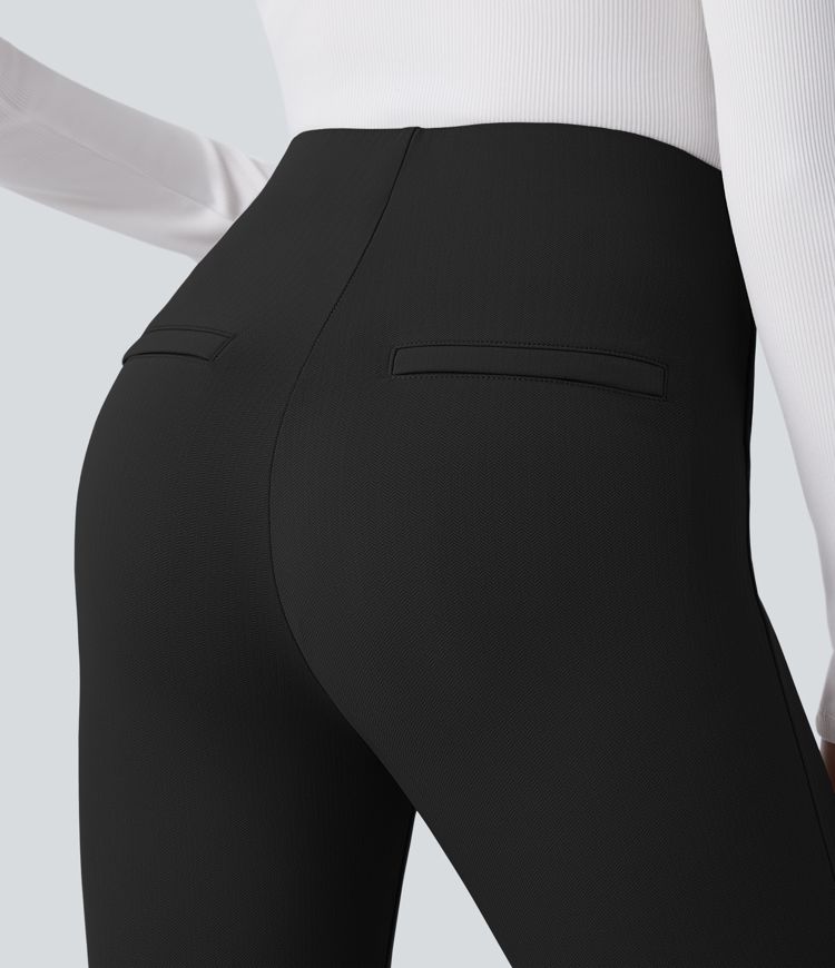 Arbeits-Leggings mit hohem Bund, Reißverschlusstaschen, dekorativer Knopfleiste, Bauchkontrolle und Fischgrätenmuster